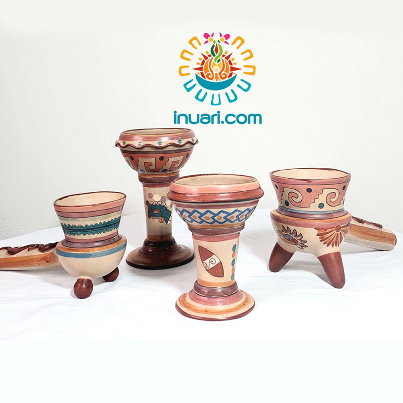 Sahumador con mango chico Tlemaitl barro canelo Azul